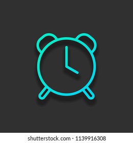 old alarm clock, simple icon, linear symbol with thin outline. Colorful logo concept with soft shadow on dark background. Icon color of azure ocean