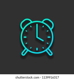 old alarm clock, simple icon, linear symbol with thin outline. Colorful logo concept with soft shadow on dark background. Icon color of azure ocean