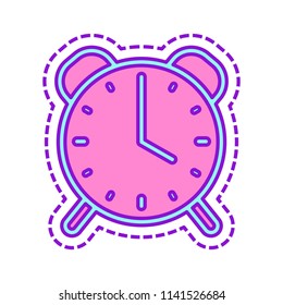 old alarm clock, simple icon, linear symbol with thin outline. Colored sketch with dotted border on white background