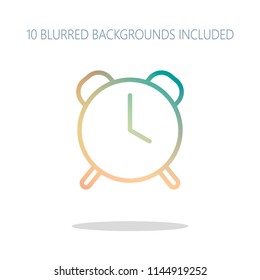 old alarm clock, simple icon, linear symbol with thin outline. Colorful logo concept with simple shadow on white. 10 different blurred backgrounds included