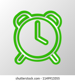 old alarm clock, simple icon, linear symbol with thin outline. Paper style. Cut symbol with green bold contour on shape and simple shadow