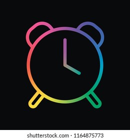 old alarm clock, simple icon, linear symbol with thin outline. Rainbow color and dark background