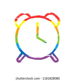 old alarm clock, simple icon, linear symbol with thin outline. Drawing sign with LGBT style, seven colors of rainbow (red, orange, yellow, green, blue, indigo, violet
