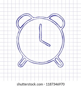 old alarm clock, simple icon, linear symbol with thin outline. Hand drawn picture on paper sheet. Blue ink, outline sketch style. Doodle on checkered background