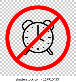 old alarm clock, simple icon, linear symbol with thin outline. Not allowed, black object in red warning sign with transparent background