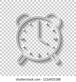old alarm clock, simple icon, linear symbol with thin outline. White outline sign with shadow on transparent background