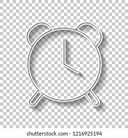 old alarm clock, simple icon, linear symbol with thin outline. White outline sign with shadow on transparent background