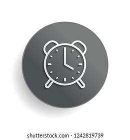old alarm clock, simple icon, linear symbol with thin outline. White paper symbol on gray round button or badge with shadow