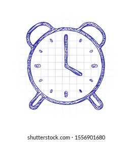 old alarm clock, simple icon, linear symbol with thin outline. Hand drawn sketched picture with scribble fill. Blue ink. Doodle on white background