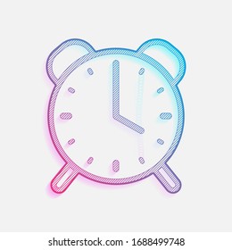 reloj de alarma antiguo, icono simple, símbolo lineal con contorno delgado. Logo tecnológico con líneas diagonales y degradado de color. Imagen neón, efecto claro. Color azul y rojo