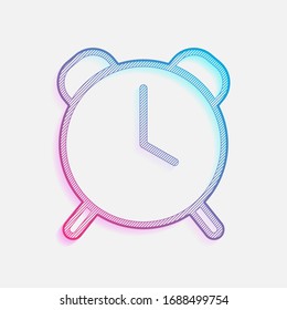 reloj de alarma antiguo, icono simple, símbolo lineal con contorno delgado. Logo tecnológico con líneas diagonales y degradado de color. Imagen neón, efecto claro. Color azul y rojo