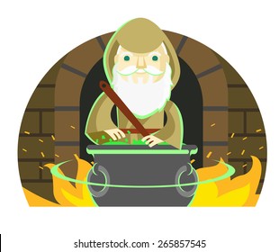 an old alchemist cooking a magic green fluid in his cauldron