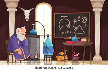 Old alchemist sitting in his laboratory with flasks snake board cartoon vector illustration