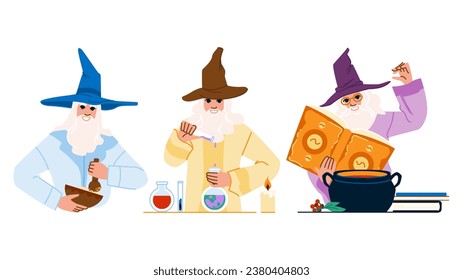 old alchemist vector. ancient vintage, art laboratory, interior potion old alchemist character. people flat cartoon illustration