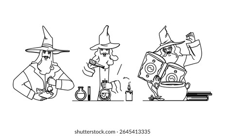 old alchemist vector. ancient vintage, art laboratory, interior potion old alchemist character. people black line pencil drawing illustration