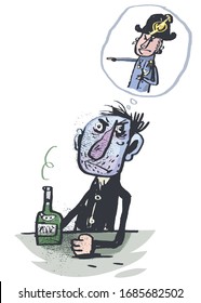 Old Alcoholic is dreaming. Comic character. Vector illustration