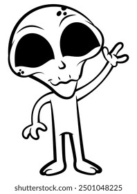 Old Alien cartoon characters greeting and say goodbye. Best for outline, logo, and coloring book with unexplored themes