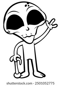 Old Alien cartoon characters using a cane. Greeting and say goodbye. Best for outline, logo, and coloring book with unexplored themes