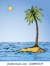 Old alone hope solitude white sunny sunset sky text space. Outline black hand drawn 1 strand lost sos concept logo icon sign scene. Retro art doodle line fun comic cartoon style funny trip scenic view