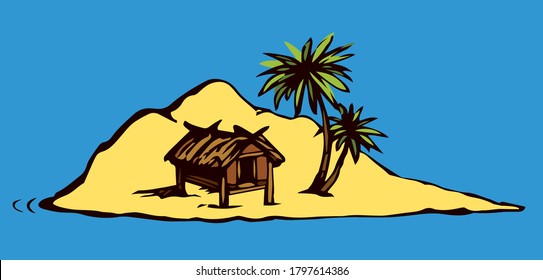 Old alone solitude tourist vacation resort marine sand desert blue sky. Outline black hand drawn 1 bali concept logo icon sign scene. Retro art doodle line comic cartoon print style trip scenic view