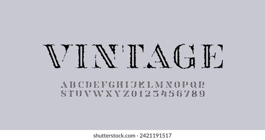 Tipo de letra del contorno creativo decorativo del serif del alfabeto antiguo, letras retro, diseño de textura vintage, letras mayúsculas de A - Z y números de 0 - 9, ilustración vectorial 10EPS