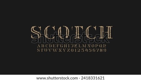 Old alphabet serif decorative creative textured contour font, retro lettering, vintage texture design, uppercase letters from A - Z and numbers from 0 - 9, vector illustration 10EPS