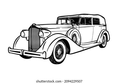 Old american car - vector illustration - hand drawn - Out line