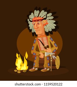 Old american indian chief character sitting near fireplace and smoking pipe. Vector flat cartoon illustration