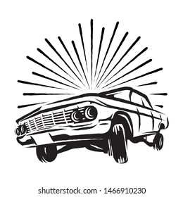 Old American low rider car with rays. Vector illustration on white isolated background