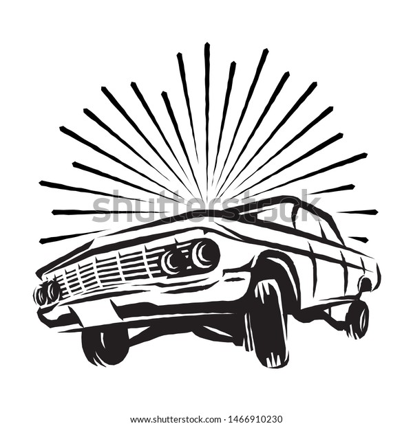 Old American low rider car with rays.\
Vector illustration on white isolated\
background