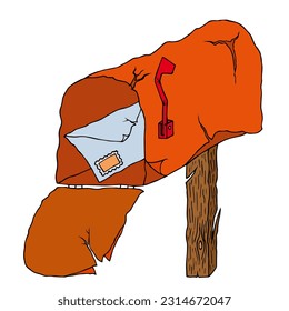 An old American mailbox with a letter inside. Hand Drawn. Freehand drawing. Doodle. Sketch. Outline.