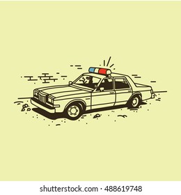 Old american police car near the wall. Vector illustration