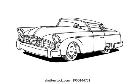 old American retro car of the 50s-60s with chrome details, vector illustration with black ink contour lines isolated on a white background in a cartoon and hand drawn style