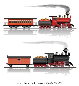 Old american steam locomotive. Passenger and freight wagon. Vector illustration