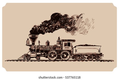 Old American Steam Locomotive, Steam Train Side View Illustration.