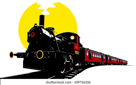 old american train cars with red and black locomotive (illustration);