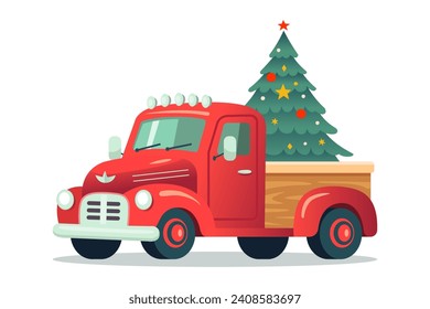 old American truck with a Christmas tree. flat vector illustration.