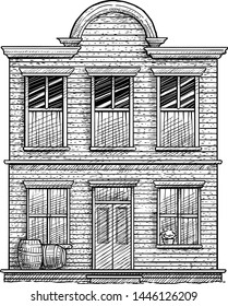 Old American western building illustration, drawing, engraving, ink, line art, vector