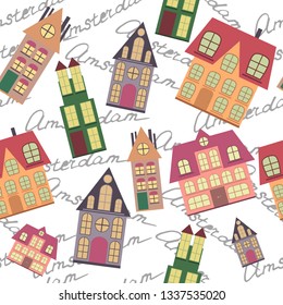 Old Amsterdam houses. Seamless pattern. Flat style. Vector illustration.