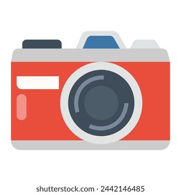 An old analog camera with a golden frame and a black lens, featuring a red box color for the body