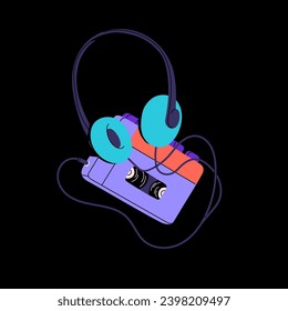 Old analog cassette audio player. Retro tape music recorder with headphone. Vintage musical technology, 80s, 90s mixtape device. Retrowave wireless stereo equipment. Flat isolated vector illustration