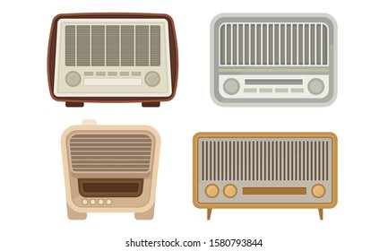 Old Analog Radio Collection, Vintage Obsolete Digital Handheld Devices Vector Illustration
