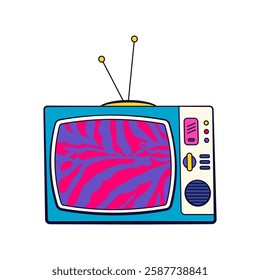 Old analog TV with antenna icon. Vector retro television or vintage broadcast media, old video device with screen. 90s home watch culture. Nostalgic entertainment and communication, movie sign. Popart