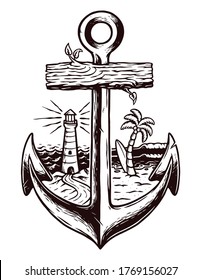 old anchor and beach vector illustration