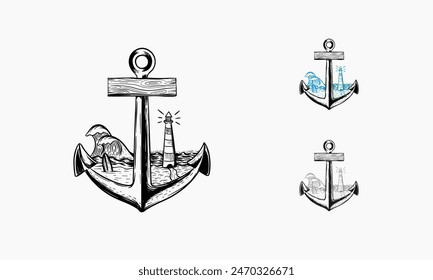 ancla antigua y Ilustración vectorial de playa