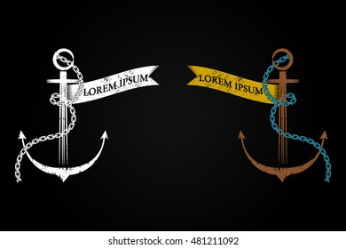 old anchor with chain and page for the label. Retro style, old school.