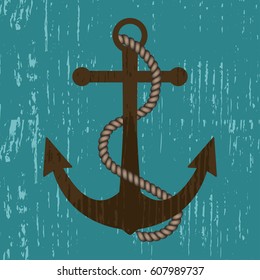 Old anchor with rope on turquoise background. Vector illustration.