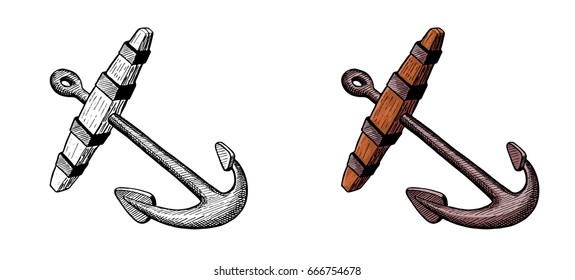 old anchor for sailing ship, hand ink drawing, vector illustration