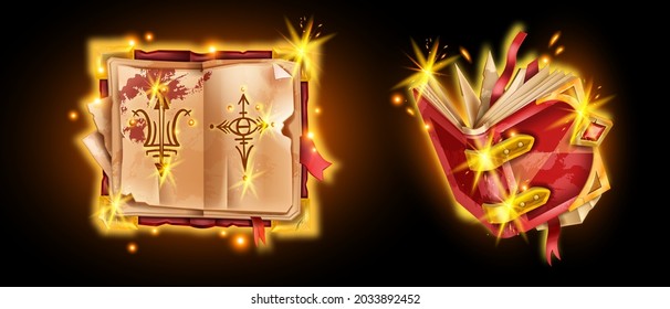 Old ancient book vector illustration, game magic open antique diary, medieval wizard spell manuscript. Parchment sheet, red leather cover, witchcraft glow symbol, UI fantasy assets. Magic book clipart