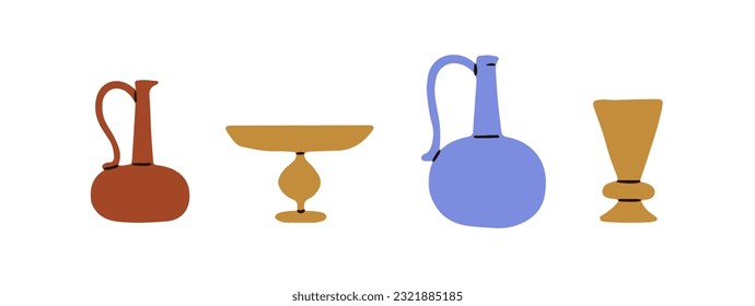 Altes altes Geschirr-Set. Vintage-Krug, Pitcher, Schale, Goblet. Historische Keramik-Kollektion. Traditionelle antike Schiffe, Becher, Turm, Vase. Flache Vektorgrafiken einzeln auf weißem Hintergrund